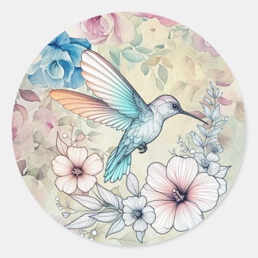 美しい春の水彩花ハミングバード ラウンドシール (正面)