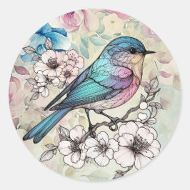 美しい春の水彩花鳥 ラウンドシール