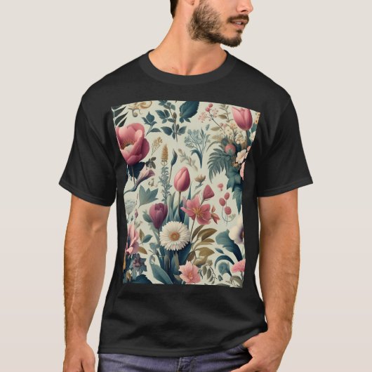 美しい春の花の植物パターンを発見 Tシャツ (正面)