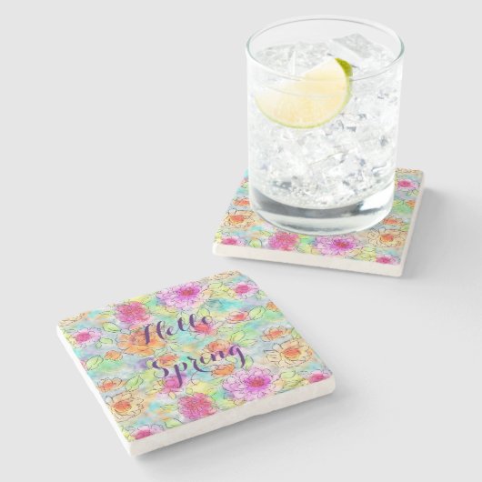 美しい春の花の水絵を描色 ストーンコースター (横)