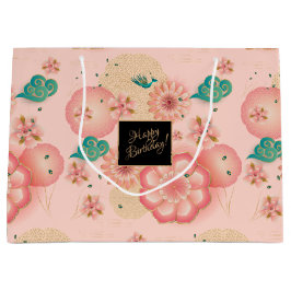 美しい春ピーチガーデンフラワーズ誕生日 ラージペーパーバッグ