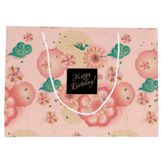 美しい春ピーチガーデンフラワーズ誕生日 ラージペーパーバッグ (裏面)