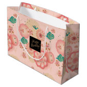 美しい春ピーチガーデンフラワーズ誕生日 ラージペーパーバッグ (裏面アングル)