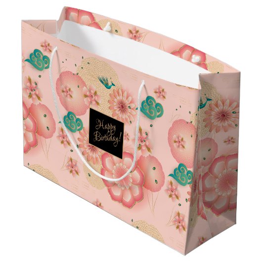 美しい春ピーチガーデンフラワーズ誕生日 ラージペーパーバッグ (裏面アングル)