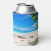 美しい晴れた熱帯のビーチ結婚式の写真 缶クーラー (缶裏面)