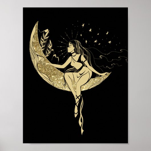 美しい月の星女性アートデコイラストレーション ポスター (正面)
