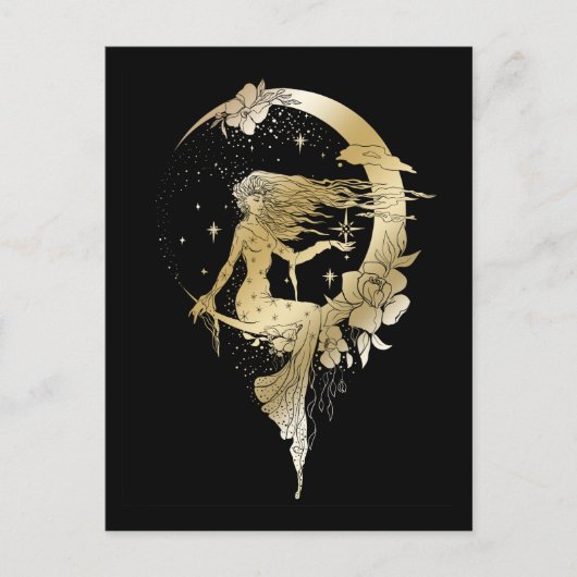 美しい月の星女性アートデコイラストレーション ポストカード (正面)