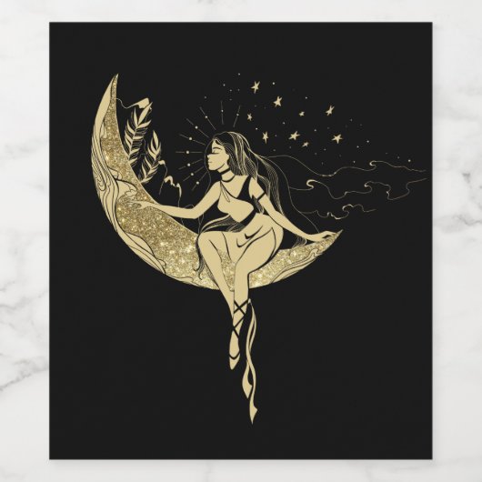 美しい月の星女性アートデコイラストレーション ワインラベル (シングルラベル)