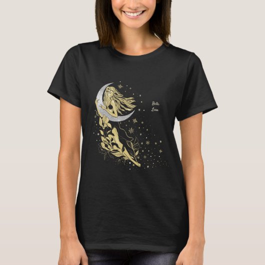 美しい月の星女性アートデコイラストレーション Tシャツ (正面)