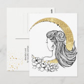 美しい月花女性グリッターイラストレーション ポストカード (正面/裏面)