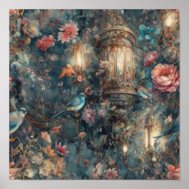 美しい期間ロココガーデンバードと花 ポスター