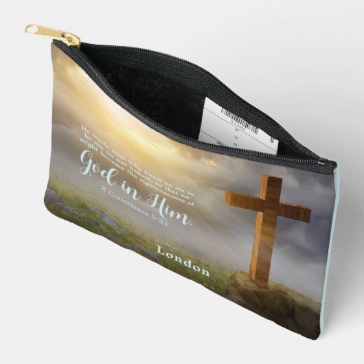 美しい木造クロス聖書の聖句パーソナライズされた アクセサリーポーチ (見開き)