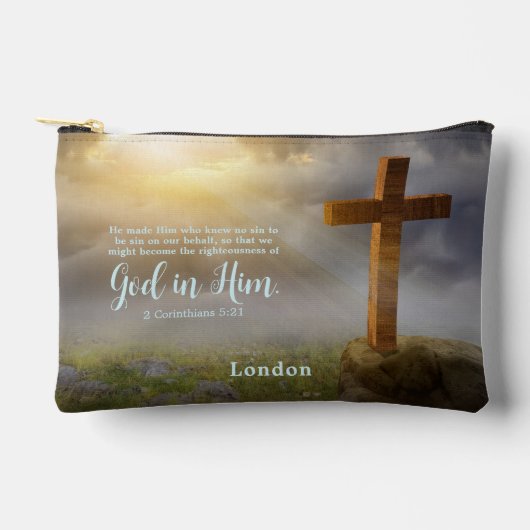 美しい木造クロス聖書の聖句パーソナライズされた アクセサリーポーチ (正面)