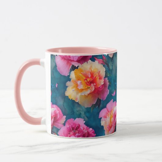 美しい柔らかいピンクの花模様 マグカップ (左)