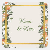 美しい桃と葉カラフル スクエアシール (正面)