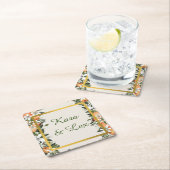 美しい桃と葉カラフル スクエアペーパーコースター (インサイチュ)