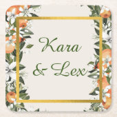 美しい桃と葉カラフル スクエアペーパーコースター (正面)