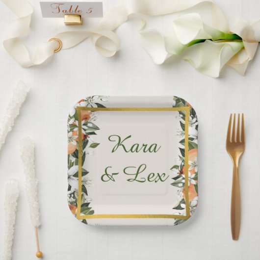 美しい桃と葉カラフル ペーパープレート (ウェディング)