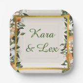 美しい桃と葉カラフル ペーパープレート (正面)