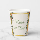 美しい桃と葉カラフル 紙コップ (正面)