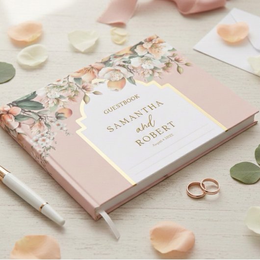 美しい桃と金ゴールド結婚フローラ ゲストブック