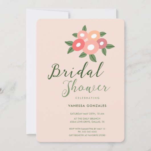 美しい桃のモダンブライダルシャワー招待 招待状 (正面)