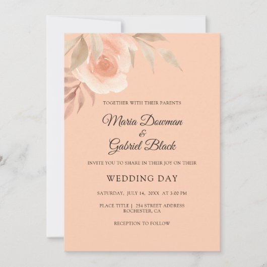 美しい桃バラ。ガーデンフローラ結婚ズ 招待状 (正面)