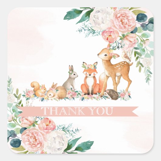 美しい森の森の動物の女の子赤ちゃんシャワー スクエアシール (正面)