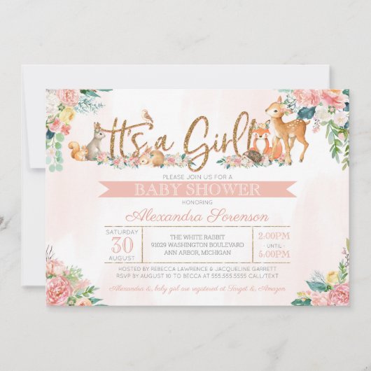 美しい森の森の動物の女の子赤ちゃんシャワー 招待状 (正面)