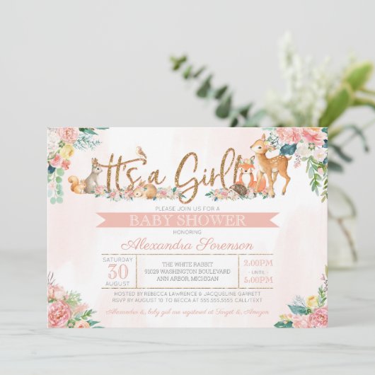 美しい森の森の動物の女の子赤ちゃんシャワー 招待状 (スタンド正面)