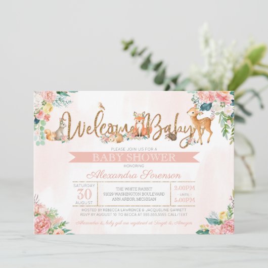 美しい森の森の動物の女の子赤ちゃんシャワー 招待状 (スタンド正面)