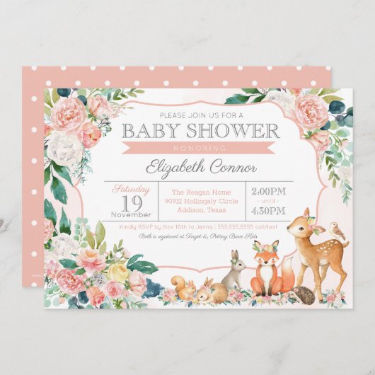 美しい森の森の動物の女の子赤ちゃんシャワー 招待状 (正面/裏面)