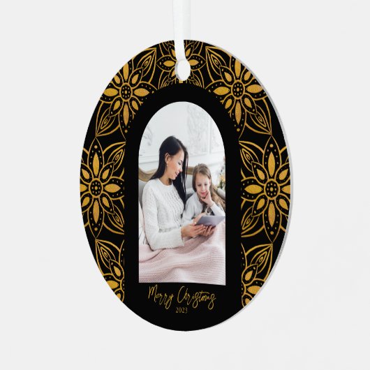 美しい植物のアーチ写真クリスマスブラック メタルオーナメント (正面左)