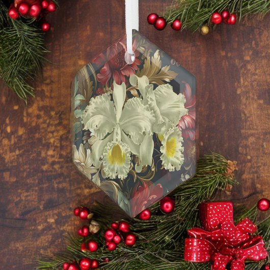 美しい植物性の白い蘭のエレガントフローラ ガラスオーナメント