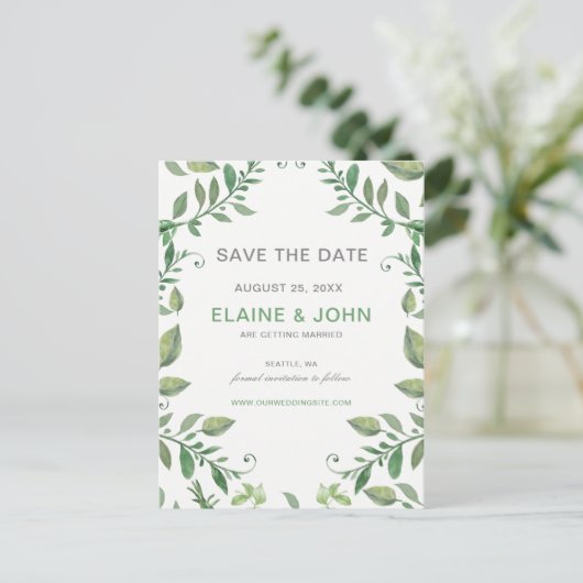 美しい植物性の緑Save the Date 案内ポストカード (スタンド正面)