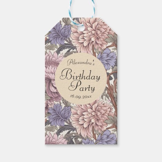 美しい植物性ピンク紫かわいい誕生日 ギフトタグ (正面)