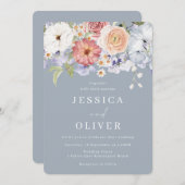 美しい植物性フローラダスティブルー結婚ズ 招待状 (正面/裏面)