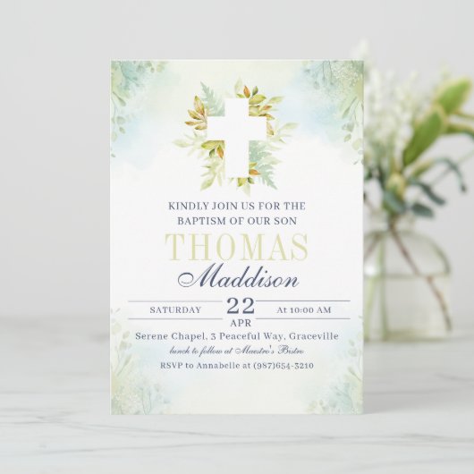 美しい植物性ホワイトクロスバプテスマ 招待状 (スタンド正面)