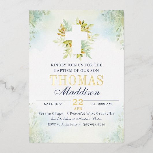 美しい植物性ホワイトクロスバプテスマ 箔招待状 (正面)