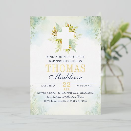 美しい植物性ホワイトクロスバプテスマ 箔招待状 (立ち正面)