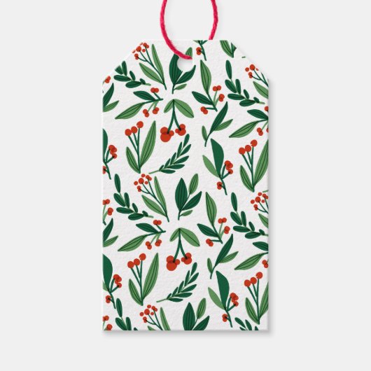 美しい植物模様グリーンレッドクリスマス ギフトタグ (正面)