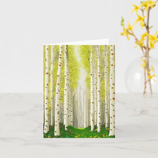 美しい樺の木ツリーフォレストランドスケープ カード (黄色い花)