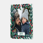 美しい正方形のクリスマスリース追加の写真と年 メタルオーナメント (正面左)