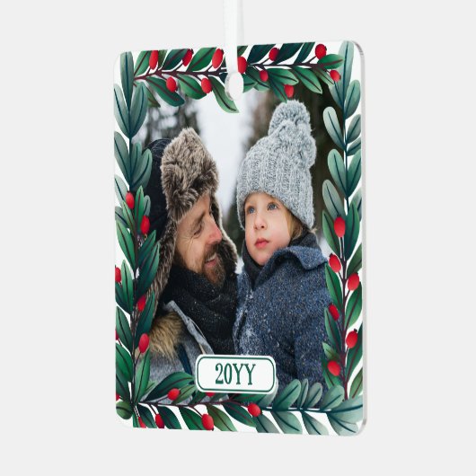 美しい正方形のクリスマスリース追加の写真と年 メタルオーナメント (正面左)