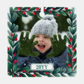 美しい正方形のクリスマスリース追加の写真と年 メタルオーナメント (裏面)