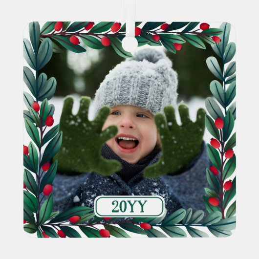 美しい正方形のクリスマスリース追加の写真と年 メタルオーナメント (裏面)