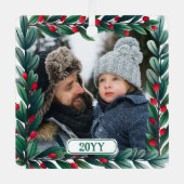 美しい正方形のクリスマスリース追加の写真と年 メタルオーナメント (正面)