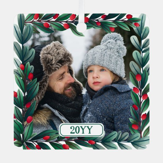 美しい正方形のクリスマスリース追加の写真と年 メタルオーナメント (正面)
