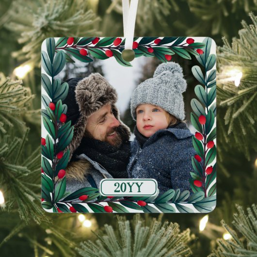 美しい正方形のクリスマスリース追加の写真と年 メタルオーナメント (インサイチュ)