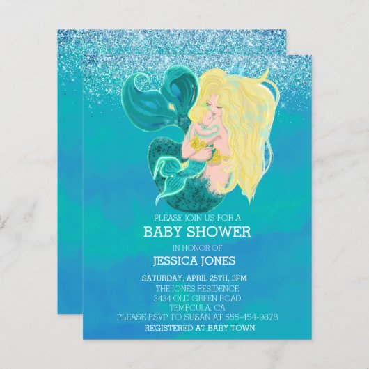 美しい母とベビー人魚シャワーの招待 (正面/裏面)